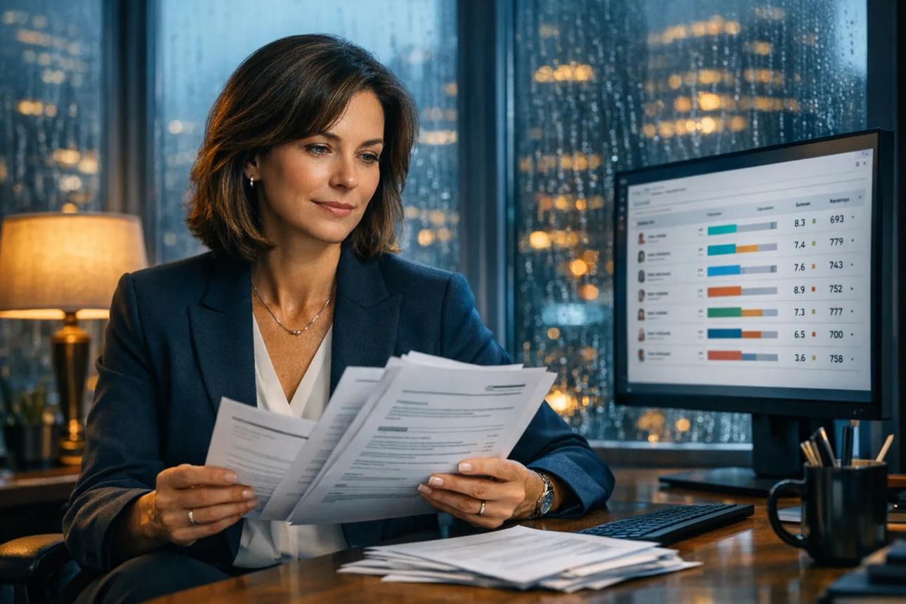 A recruiter sitting at a desk with several CVs on the table, reviewing them on a laptop, with one candidate profile highlighted or shortlisted.